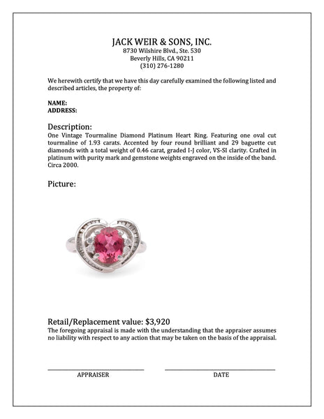Vintage Tourmaline Diamond Platinum Heart Ring Rings Jack Weir & Sons   