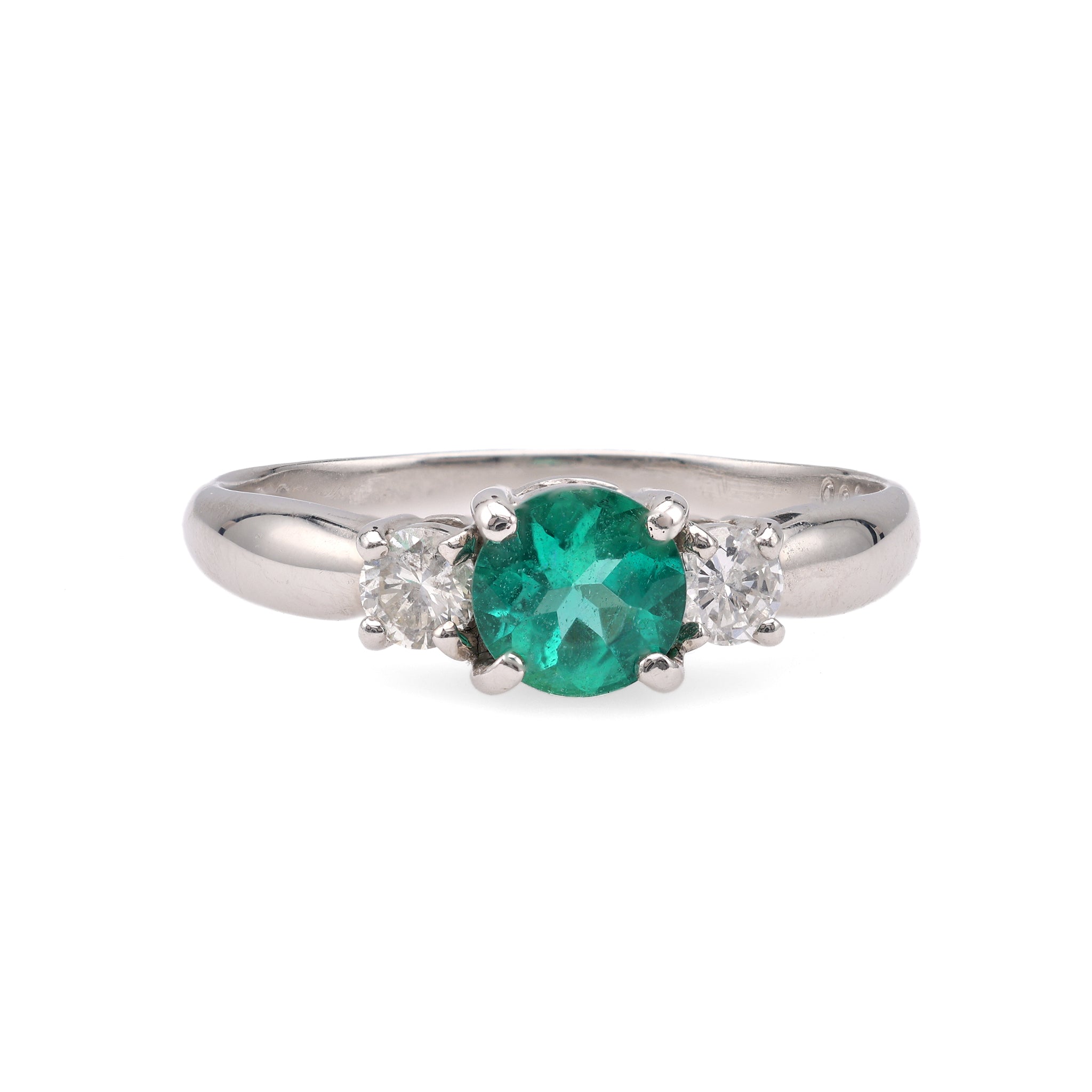 Vintage Emerald Diamond Platinum Three Stone Ring