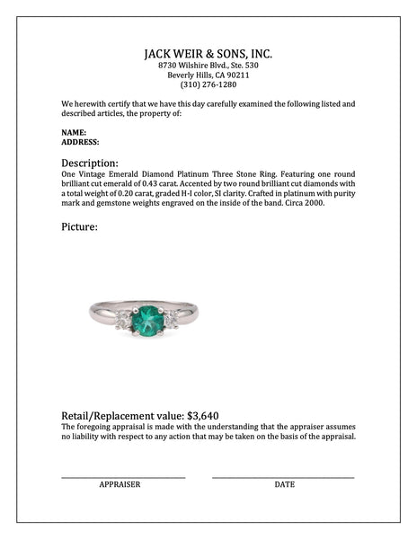 Vintage Emerald Diamond Platinum Three Stone Ring Rings Jack Weir & Sons   