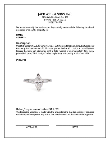 Mid-Century GIA 1.03 Carat Marquise Cut Diamond Platinum Ring Rings Jack Weir & Sons   