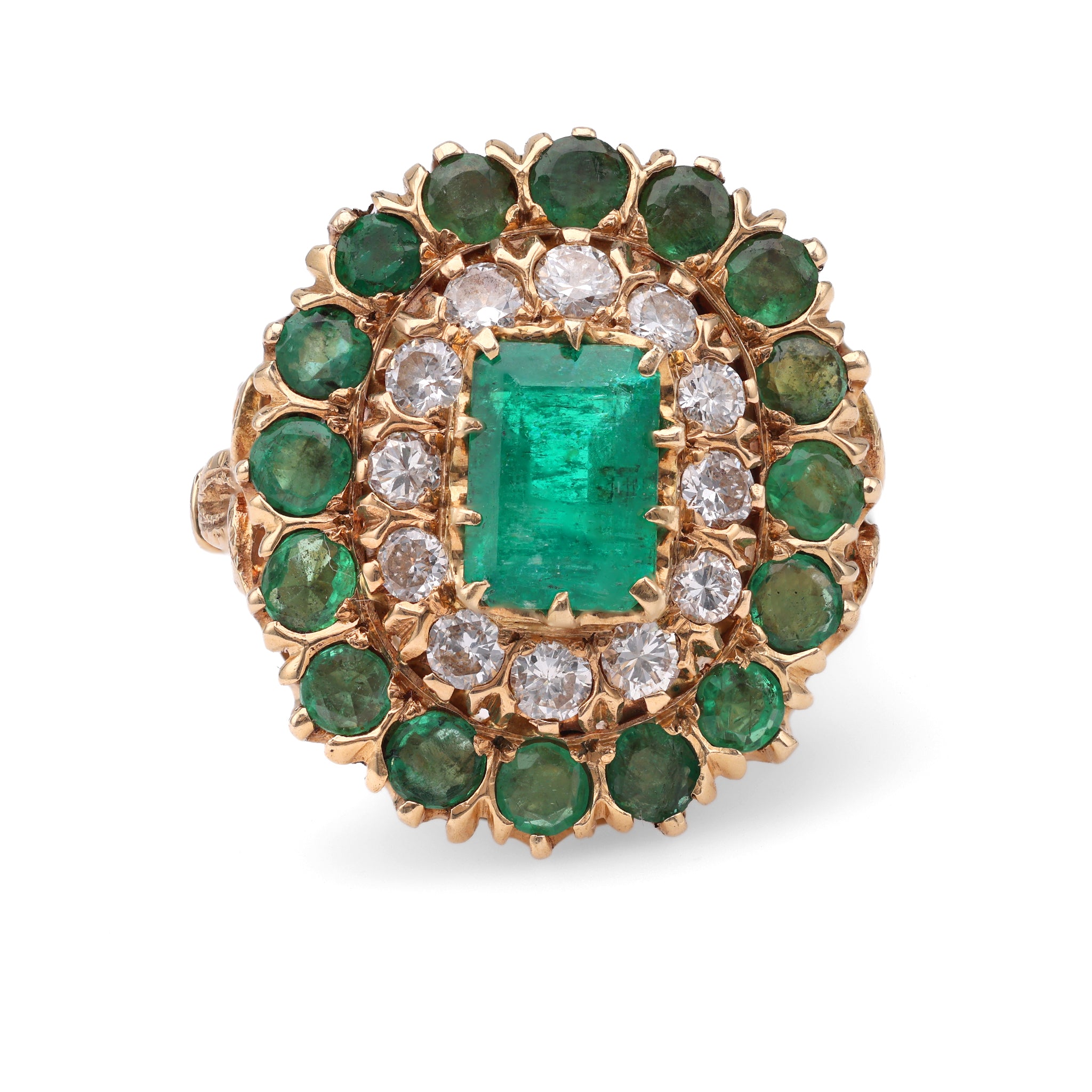 Victorian Revival Emerald Diamond 14k Yellow Gold Cluster Ring