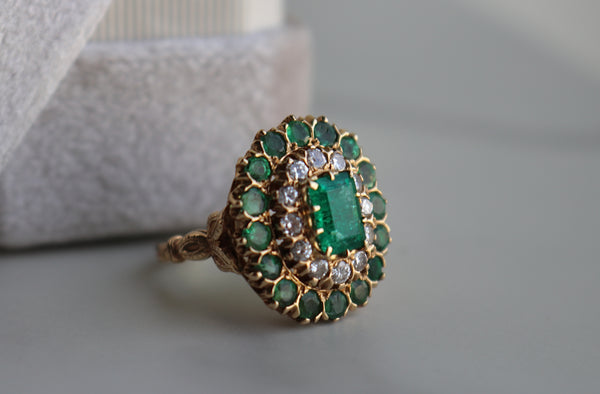 Victorian Revival Emerald Diamond 14k Yellow Gold Cluster Ring Rings Jack Weir & Sons   