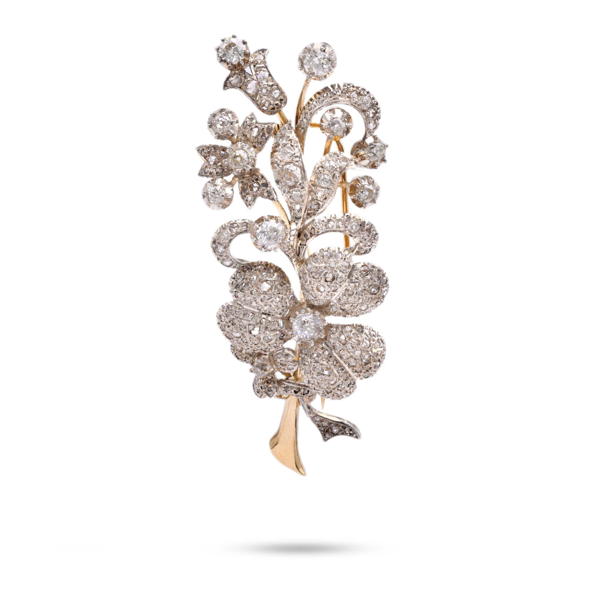 Victorian Diamond 18k Yellow Gold Silver Flower Brooch