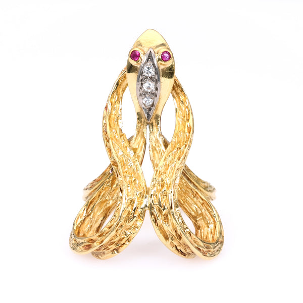Vintage Diamond Ruby 18k Yellow Gold Snake Ring