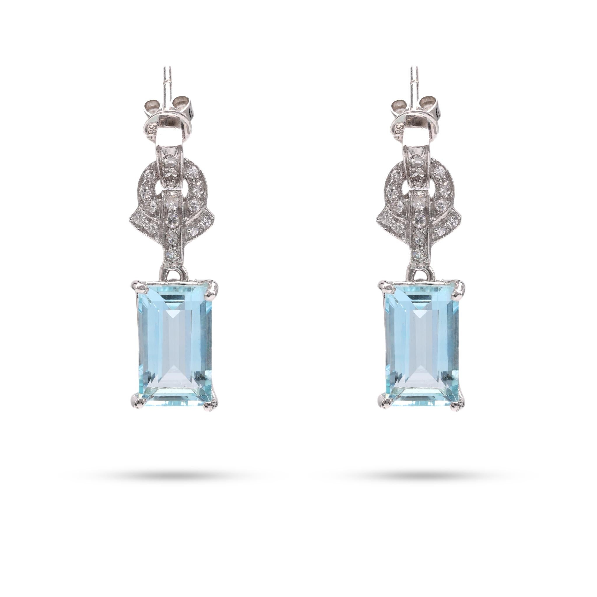 Art Deco Aquamarine Diamond Platinum and Gold Drop Earrings