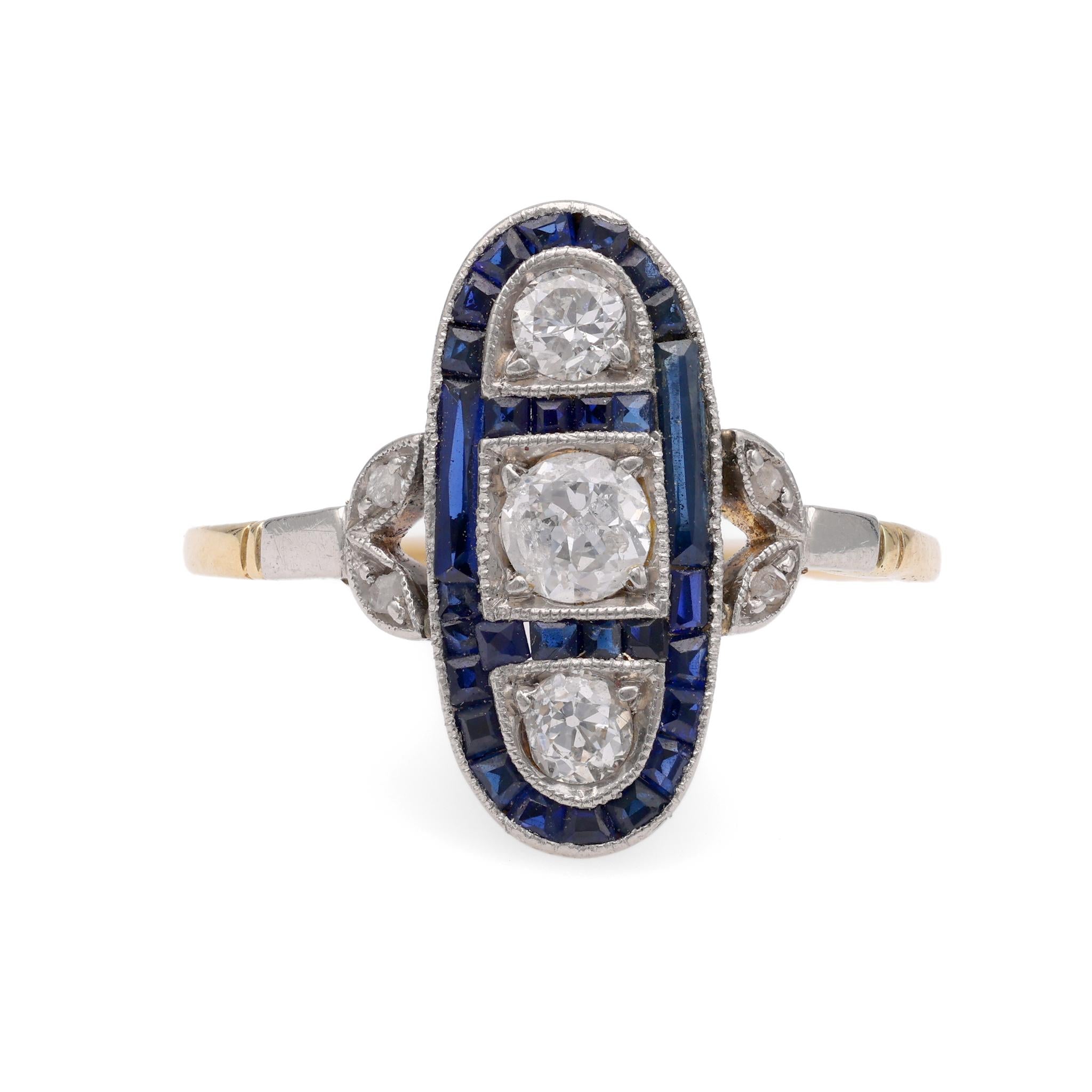 Art Deco Diamond Sapphire Yellow Gold & Platinum Ring  Jack Weir & Sons   
