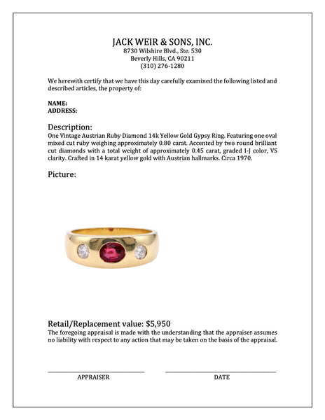 Vintage Austrian Ruby Diamond 14k Yellow Gold Ring Rings Jack Weir & Sons   