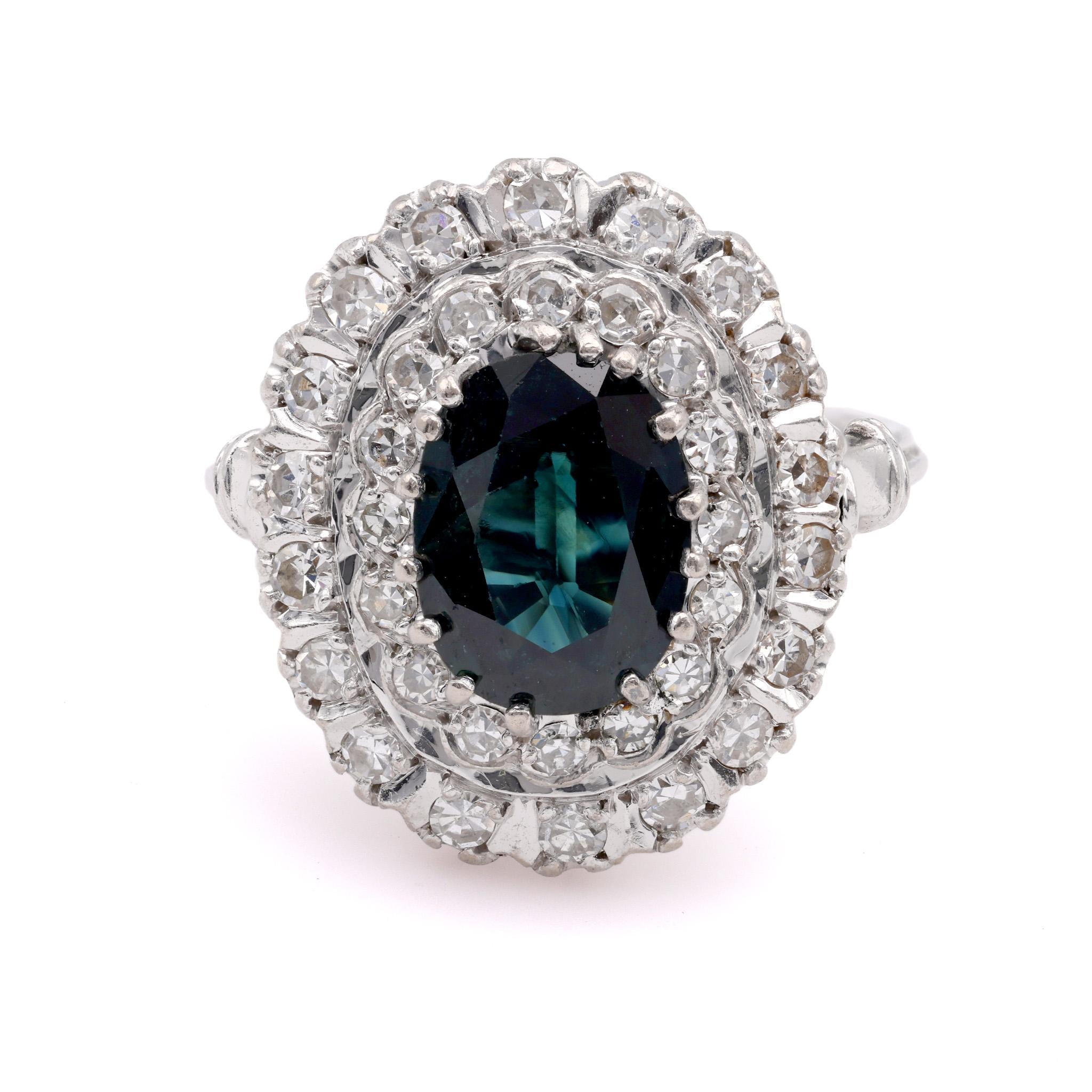 Vintage GIA Oval Sapphire Diamond 18K White Gold Halo Ring  Jack Weir & Sons   