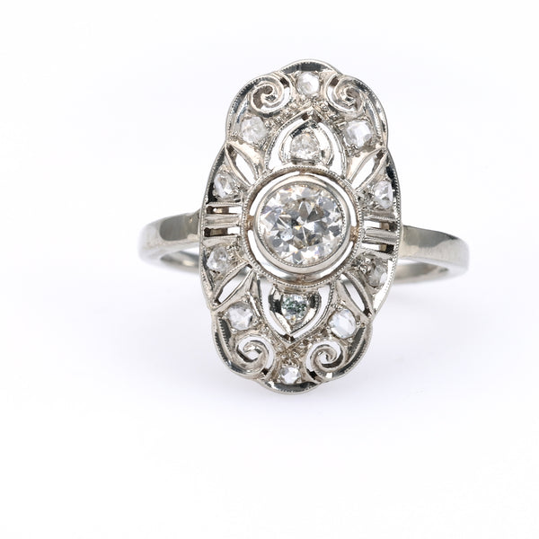 Edwardian Austrian Diamond 14k White Gold Navette Ring