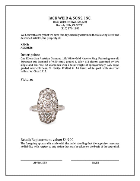 Edwardian Austrian Diamond 14k White Gold Navette Ring Rings Jack Weir & Sons   