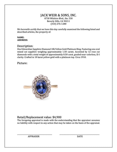 Edwardian Sapphire Diamond 18k Yellow Gold Platinum Ring Rings Jack Weir & Sons   