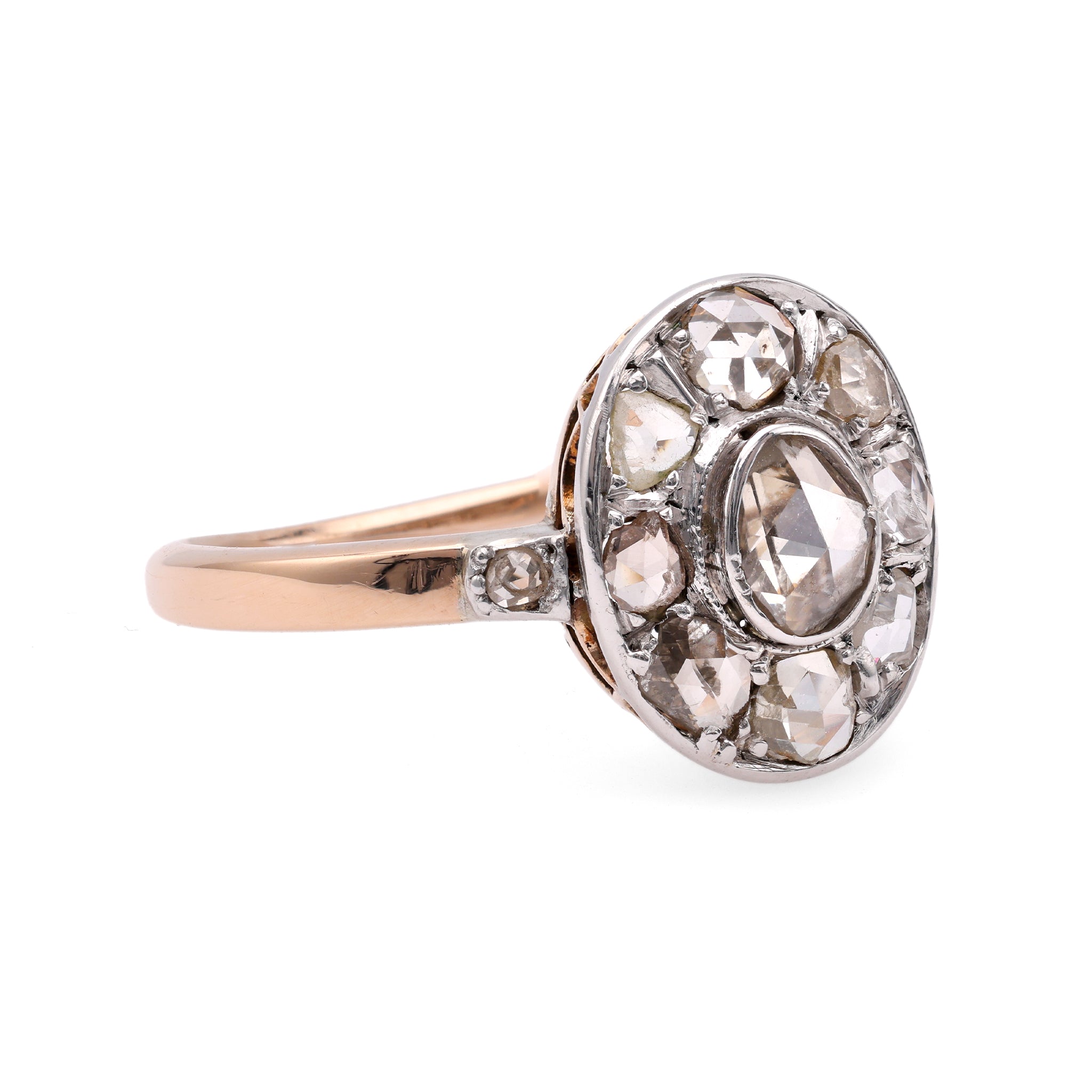 Edwardian Diamond 14k Rose Gold Silver Cluster Ring
