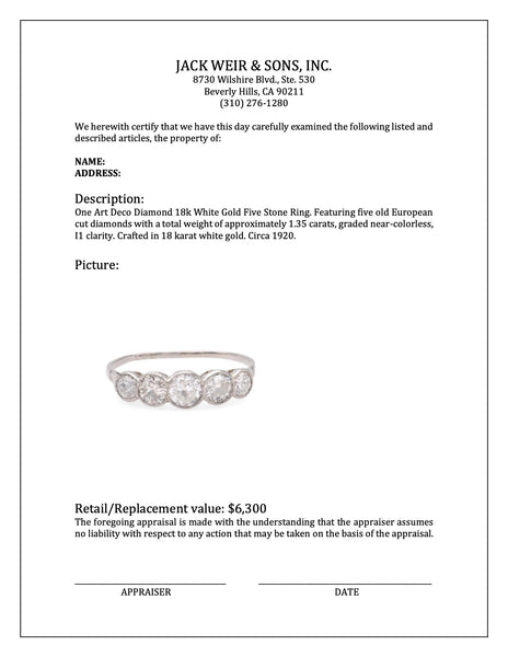 Art Deco Diamond 18k White Gold Five Stone Ring Rings Jack Weir & Sons   