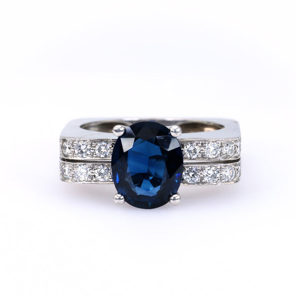Mid-Century Sapphire Diamond 18k White Gold Ring