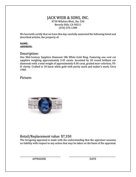 Mid-Century Sapphire Diamond 18k White Gold Ring Rings Jack Weir & Sons   