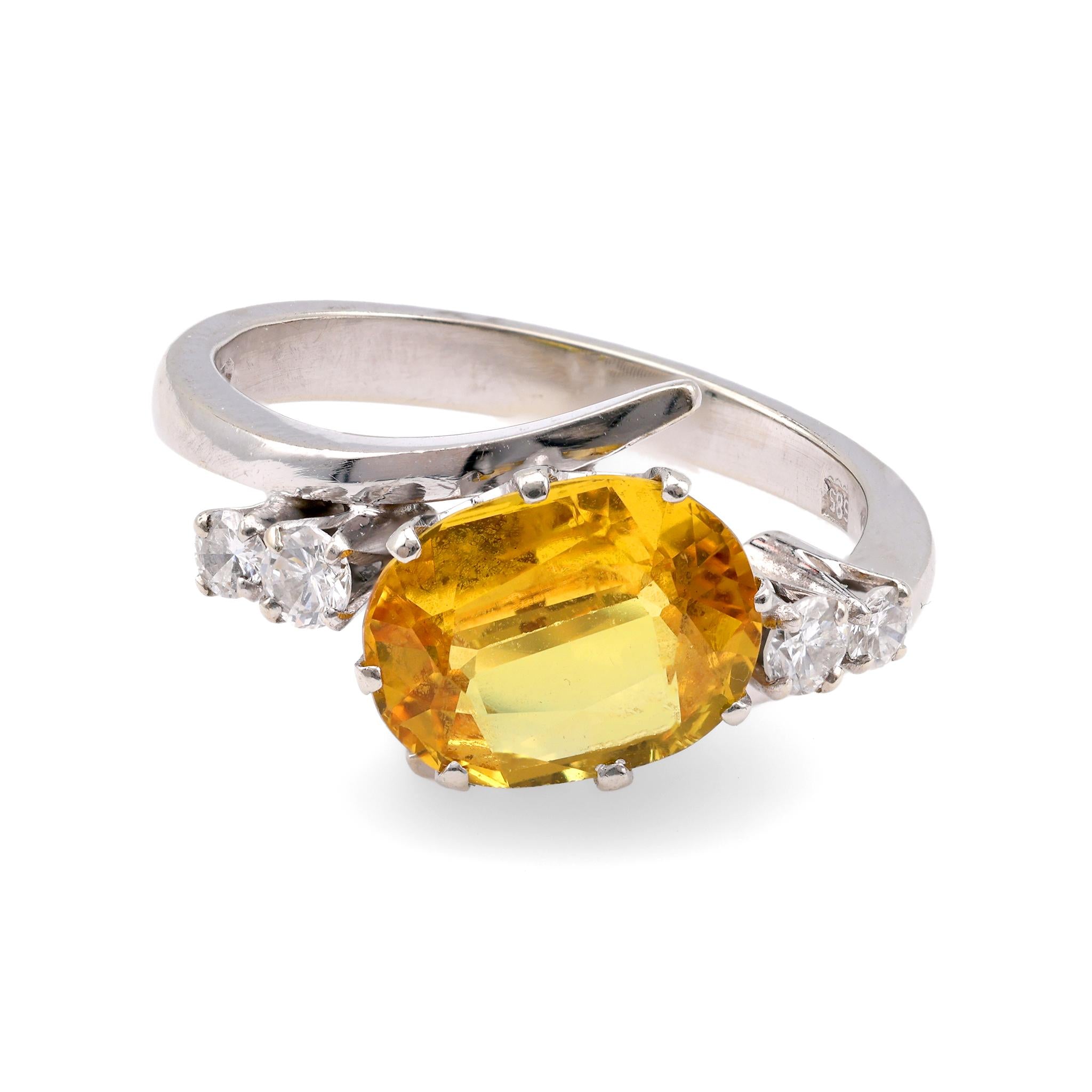 Mid Century GIA 2 Carat Yellow Sapphire Diamond 14K White Gold Ring Rings Jack Weir & Sons   