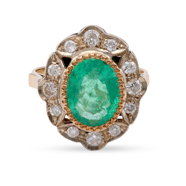 Victorian Inspired Emerald Diamond Yellow & White Gold Ring Rings Jack Weir & Sons   