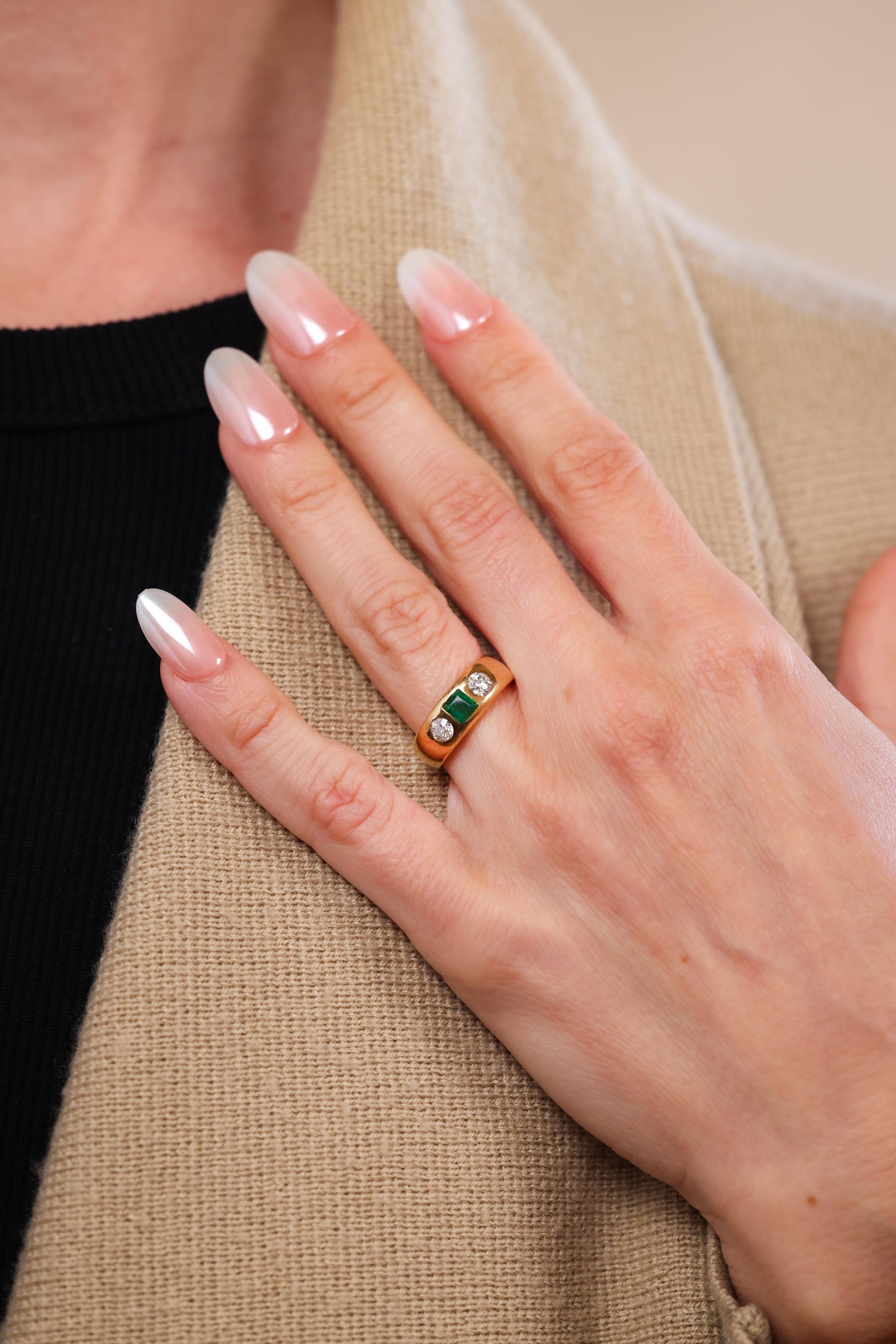 Austrian Mid Century Emerald Diamond Gold Gypsy Ring