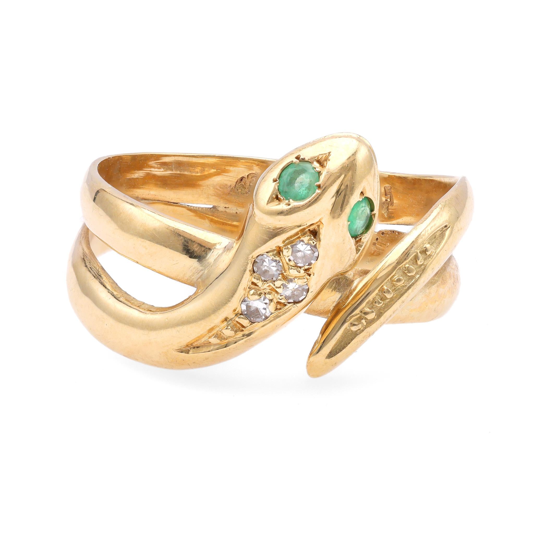 Vintage Austrian Emerald Diamond 14k Yellow Gold Snake Ring.  Jack Weir & Sons   