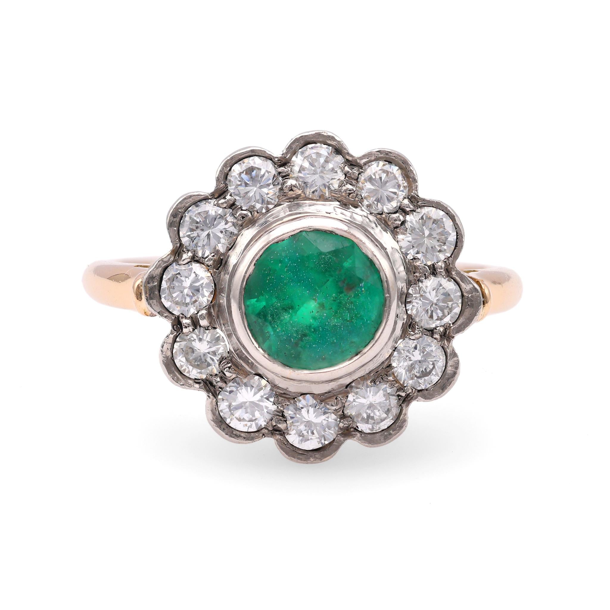 One Victorian Revival Emerald Diamond 14k Yellow Gold Platinum Cluster Ring. Rings Jack Weir & Sons   