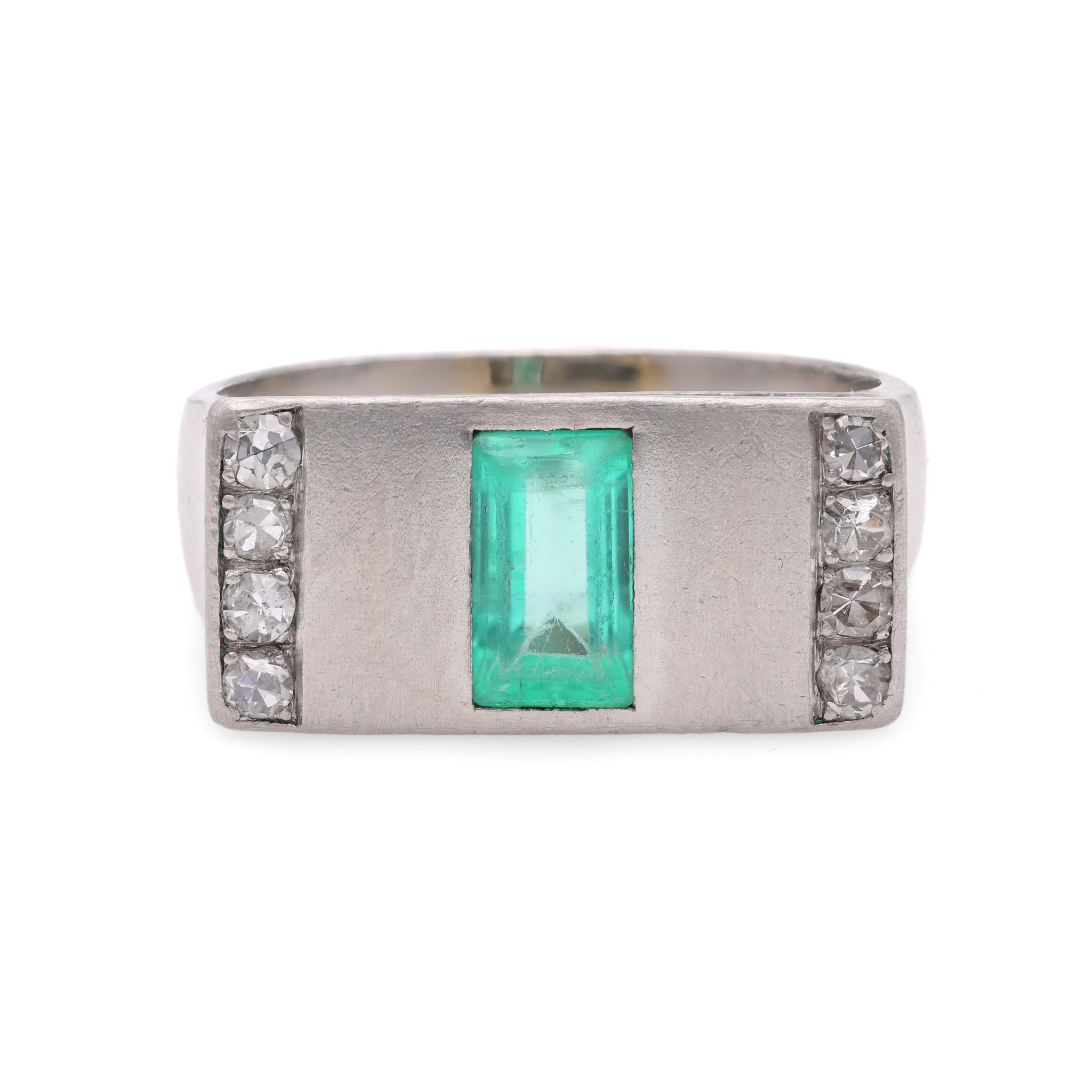 Retro Austrian Emerald Diamond Platinum Ring