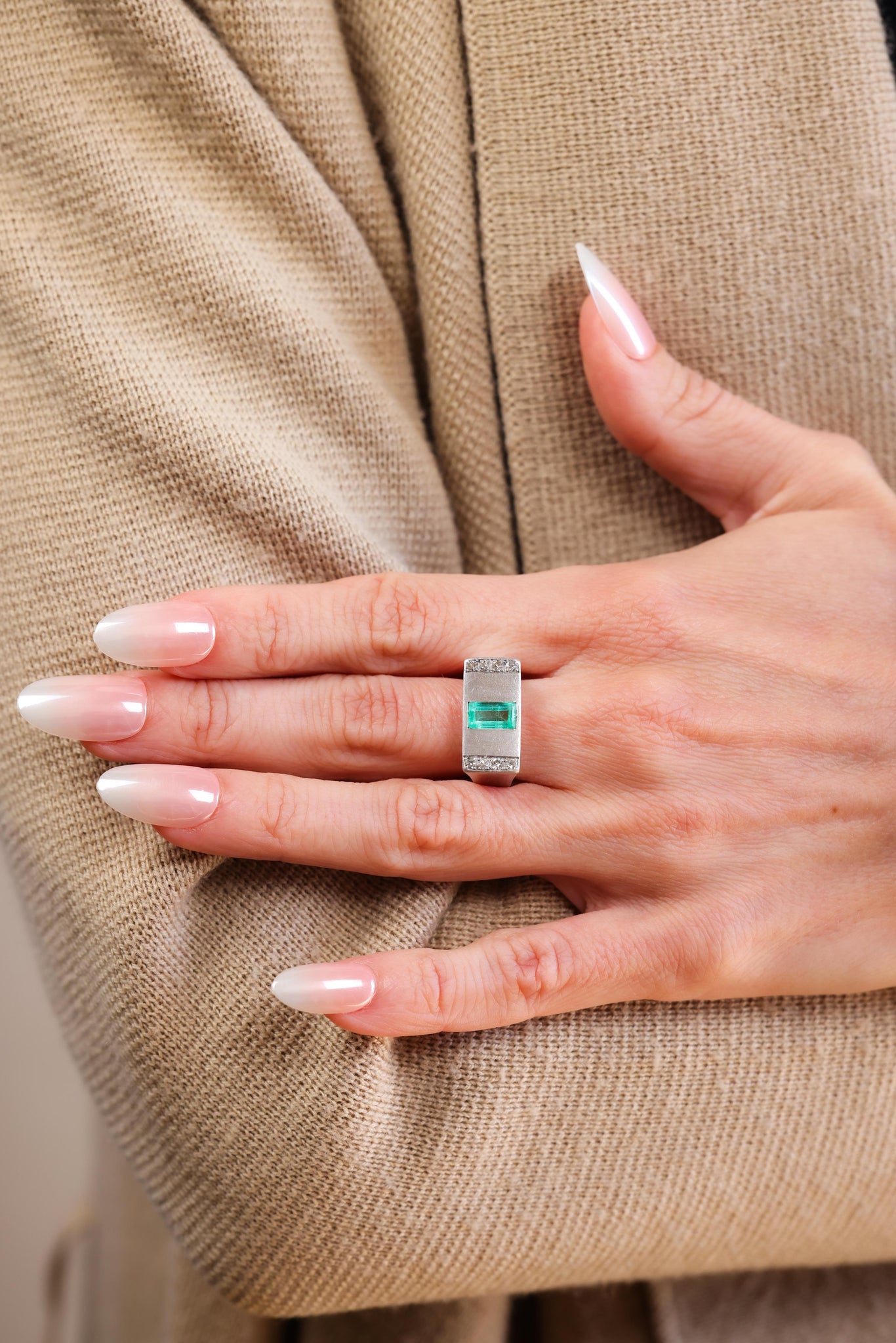 Retro Austrian Emerald Diamond Platinum Ring