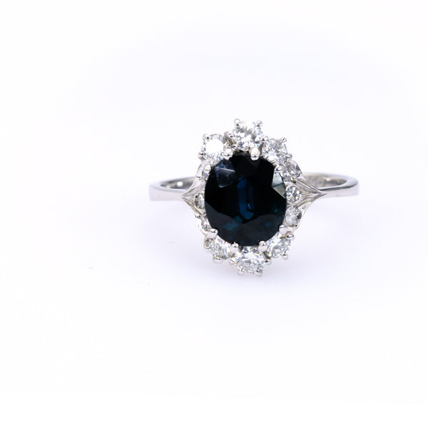 Mid-Century Sapphire Diamond 18k White Gold Cluster Ring.