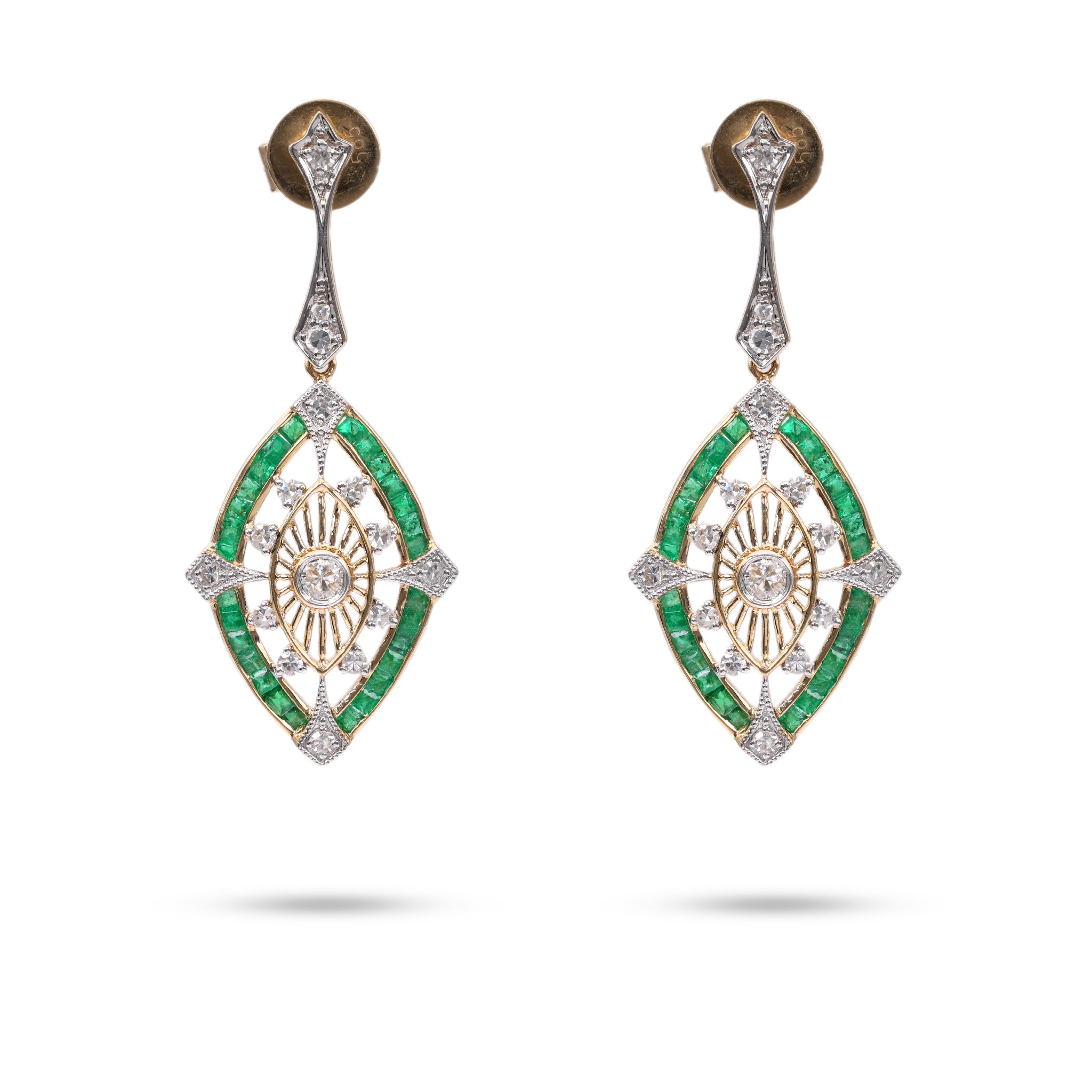 Art Deco Inspired Diamond Emerald 14k Gold Dangle Earrings – Jack Weir ...