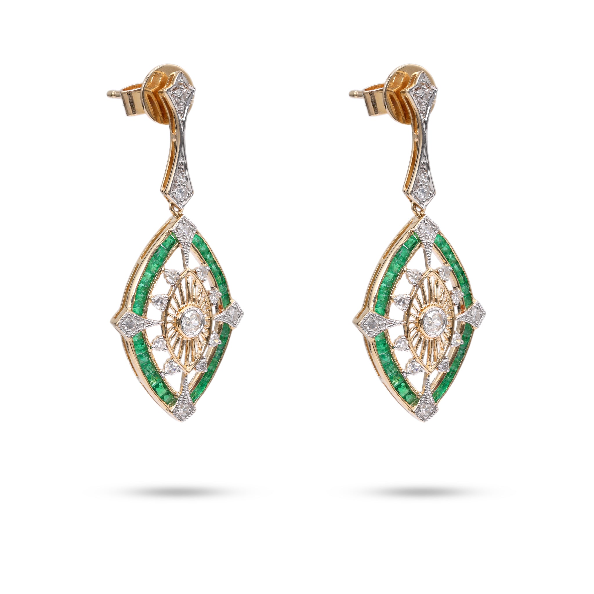 Art Deco Inspired Diamond Emerald 14k Gold Dangle Earrings