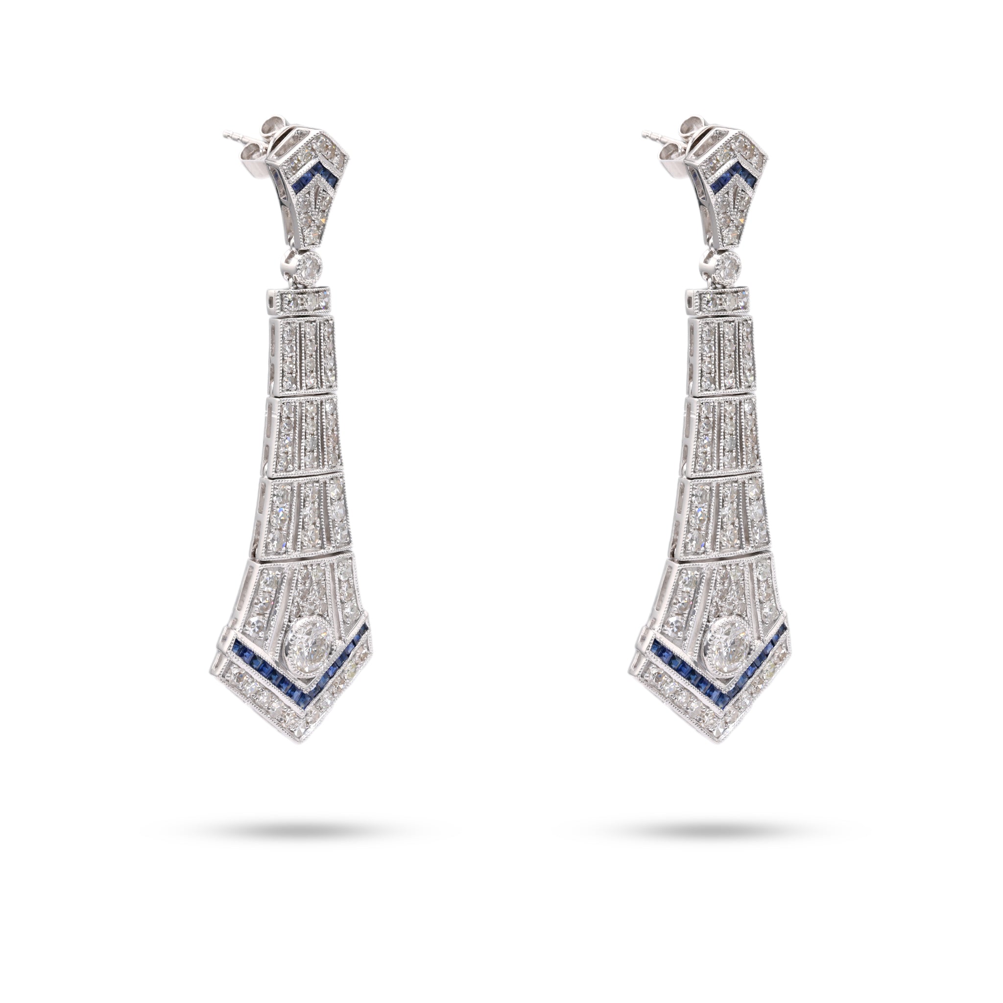 Art Deco Inspired Diamond Sapphire Platinum Dangle Earrings