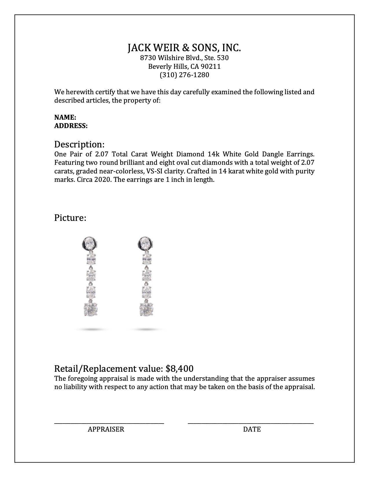 2.07 Total Carat Weight Diamond 14k White Gold Dangle Earrings – Jack ...