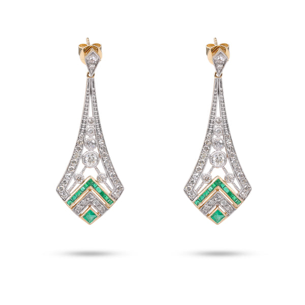 Art Deco Inspired Diamond Emerald 14k Gold Dangle Earrings Earrings Jack Weir & Sons   