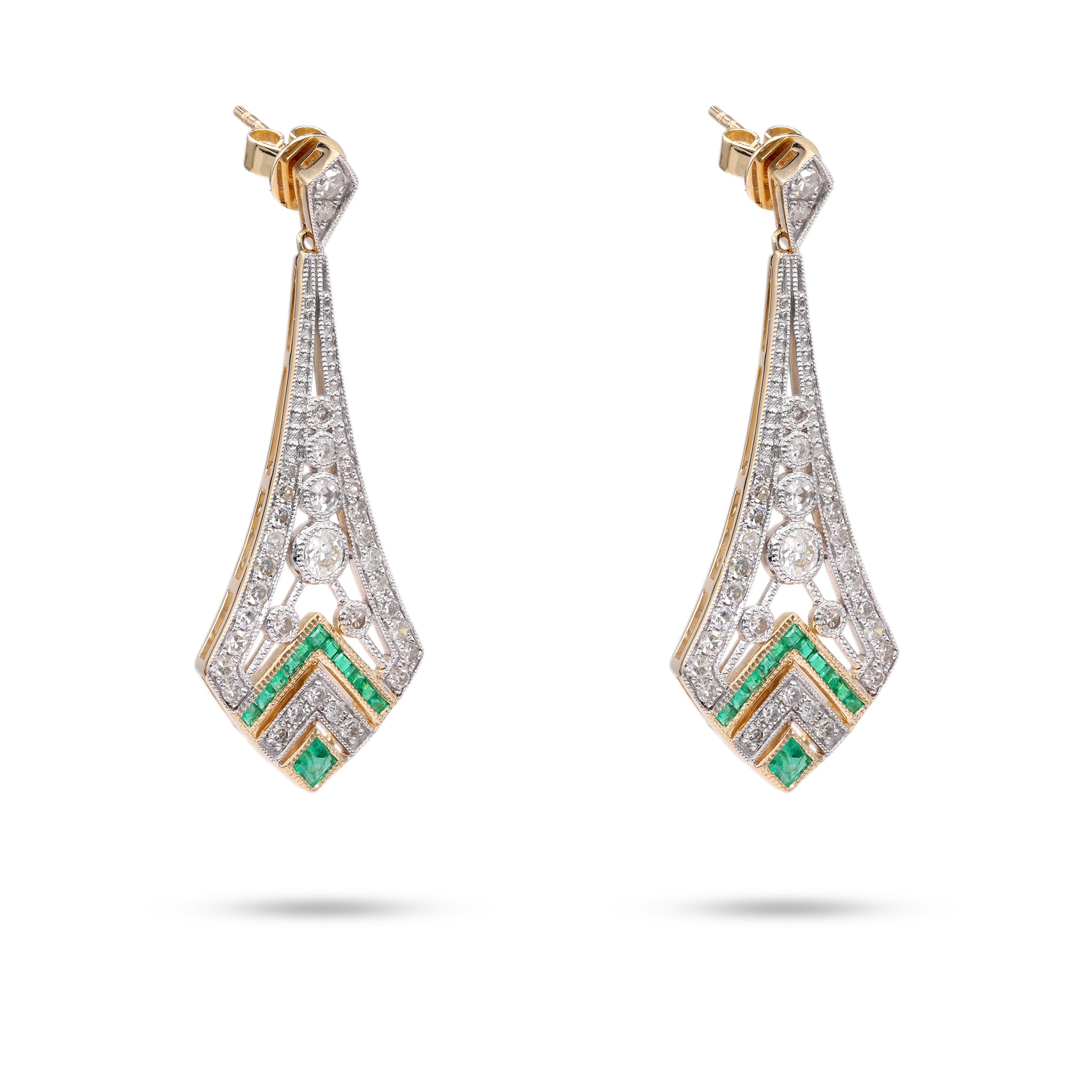 Art Deco Inspired Diamond Emerald 14k Gold Dangle Earrings – Jack Weir ...