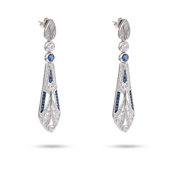 Art Deco Inspired Diamond Sapphire Platinum Dangle Earrings Earrings Jack Weir & Sons   