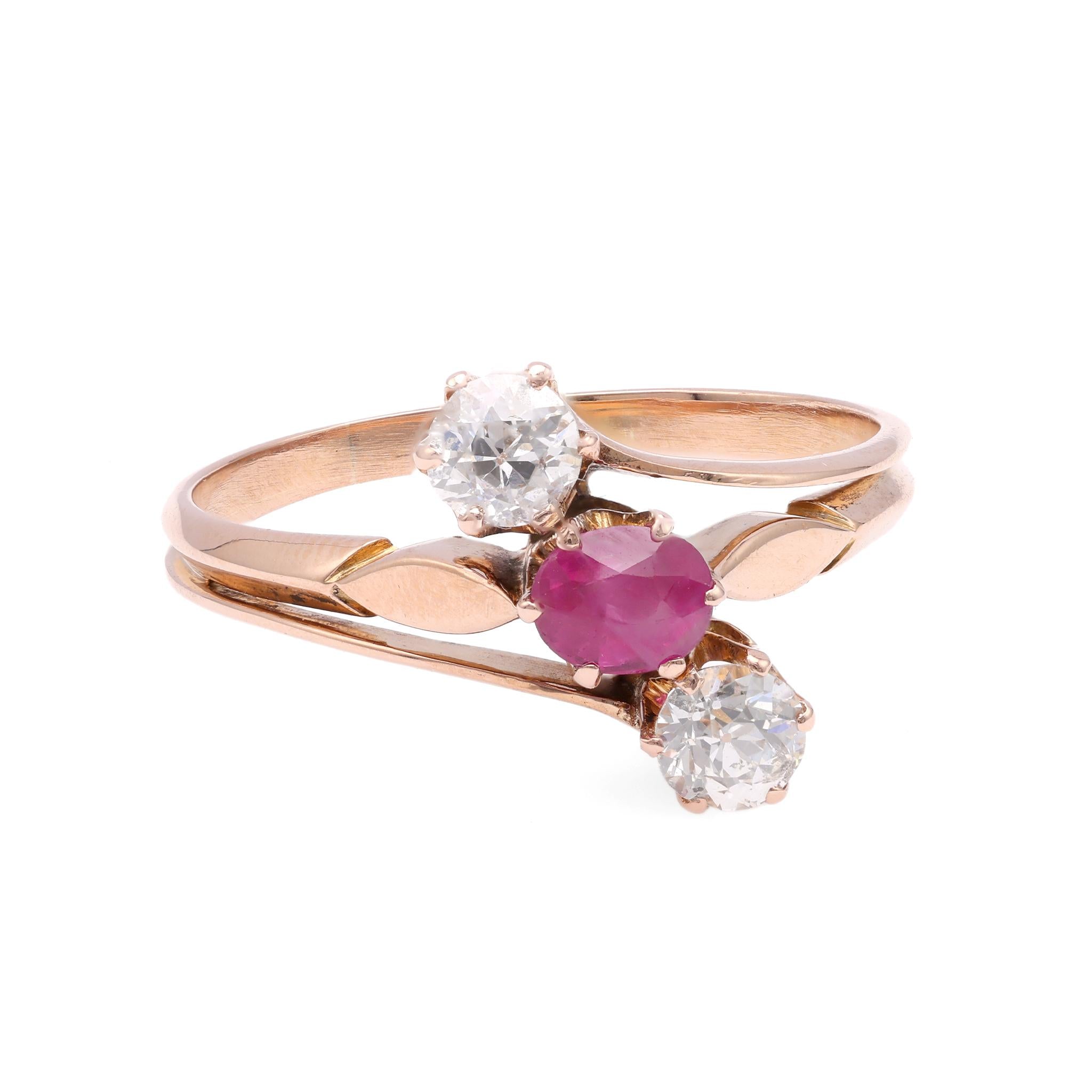 Victorian Ruby Diamond Gold Three Stone Ring