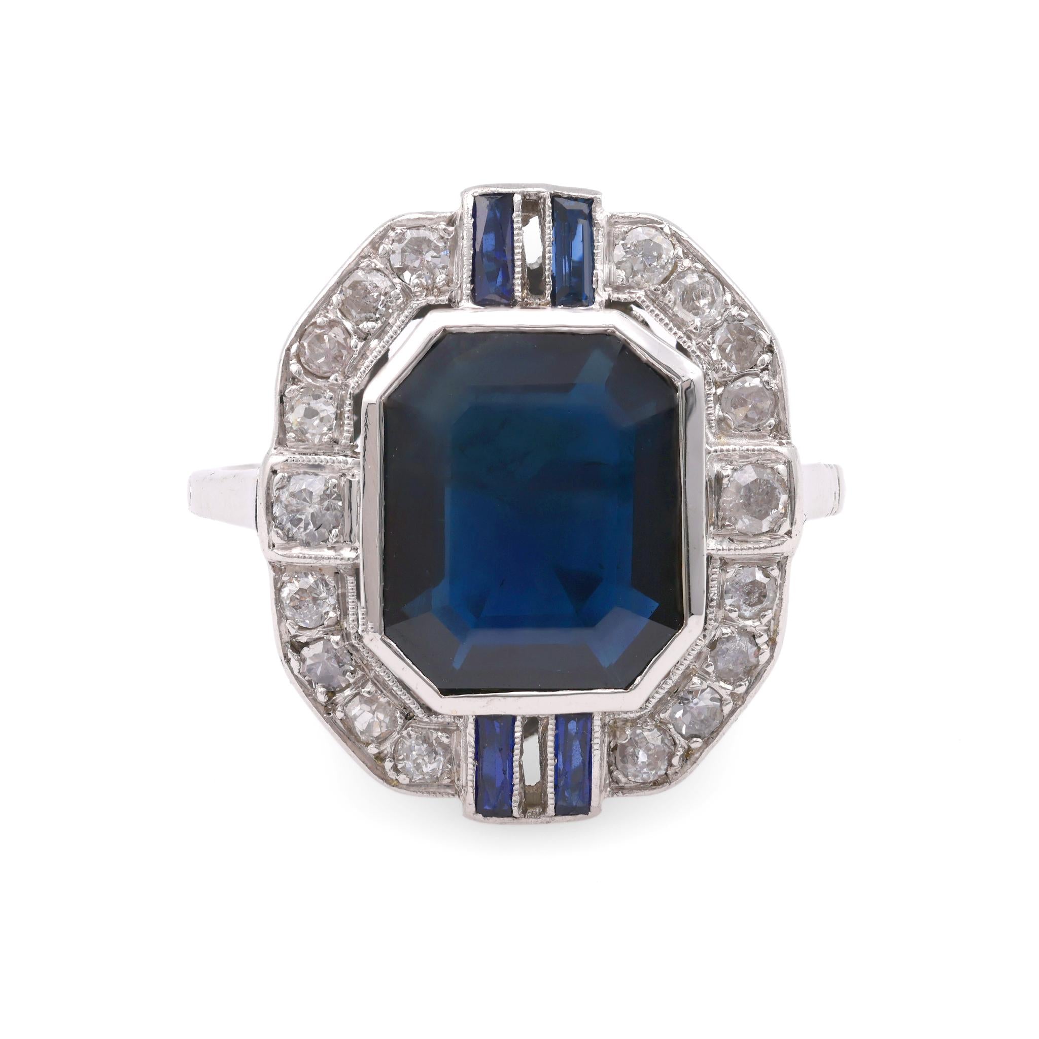Art Deco GIA 4.80 Carat Blue Sapphire Diamond Platinum White Gold Cocktail Ring  Jack Weir & Sons   