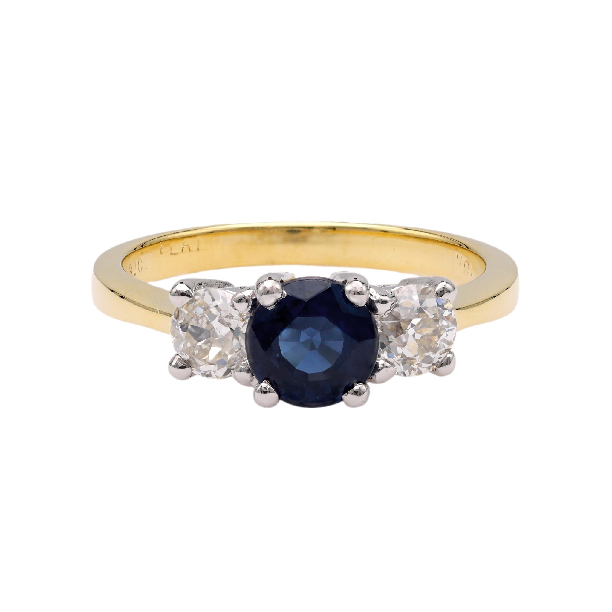 Sapphire Diamond Yellow Gold & Platinum Three Stone Ring