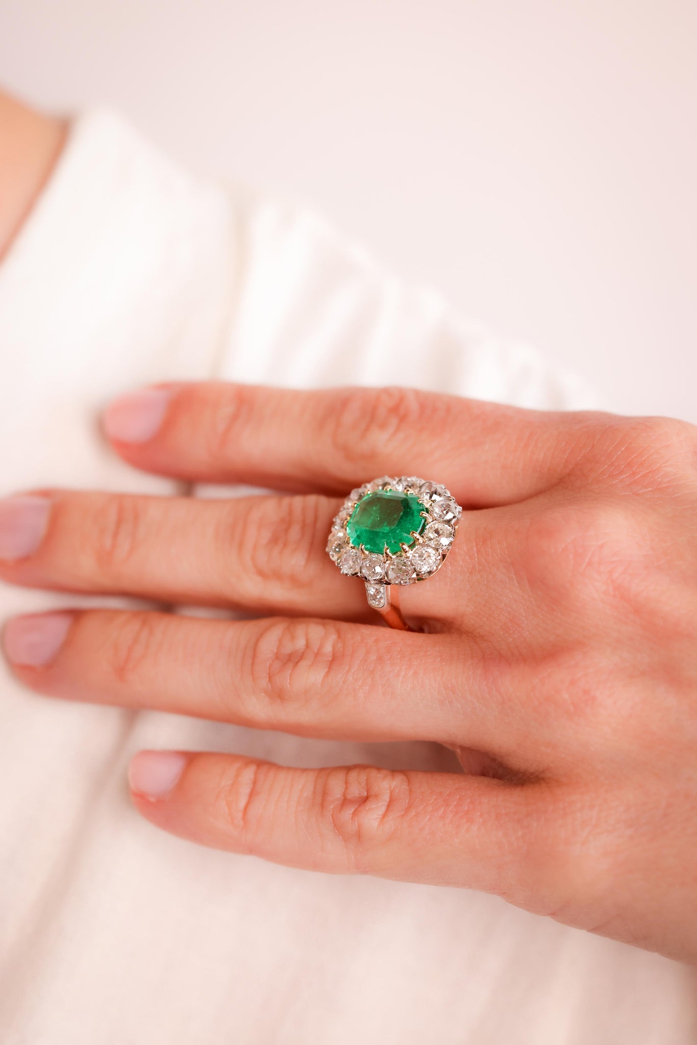 Antique French 3.67 Carat Emerald Diamond 18K Rose Gold Cocktail Ring Rings Jack Weir & Sons   