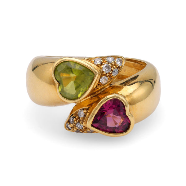 Heart Shaped Peridot and Rubellite Diamond Yellow Gold Bypass Ring Rings Jack Weir & Sons   