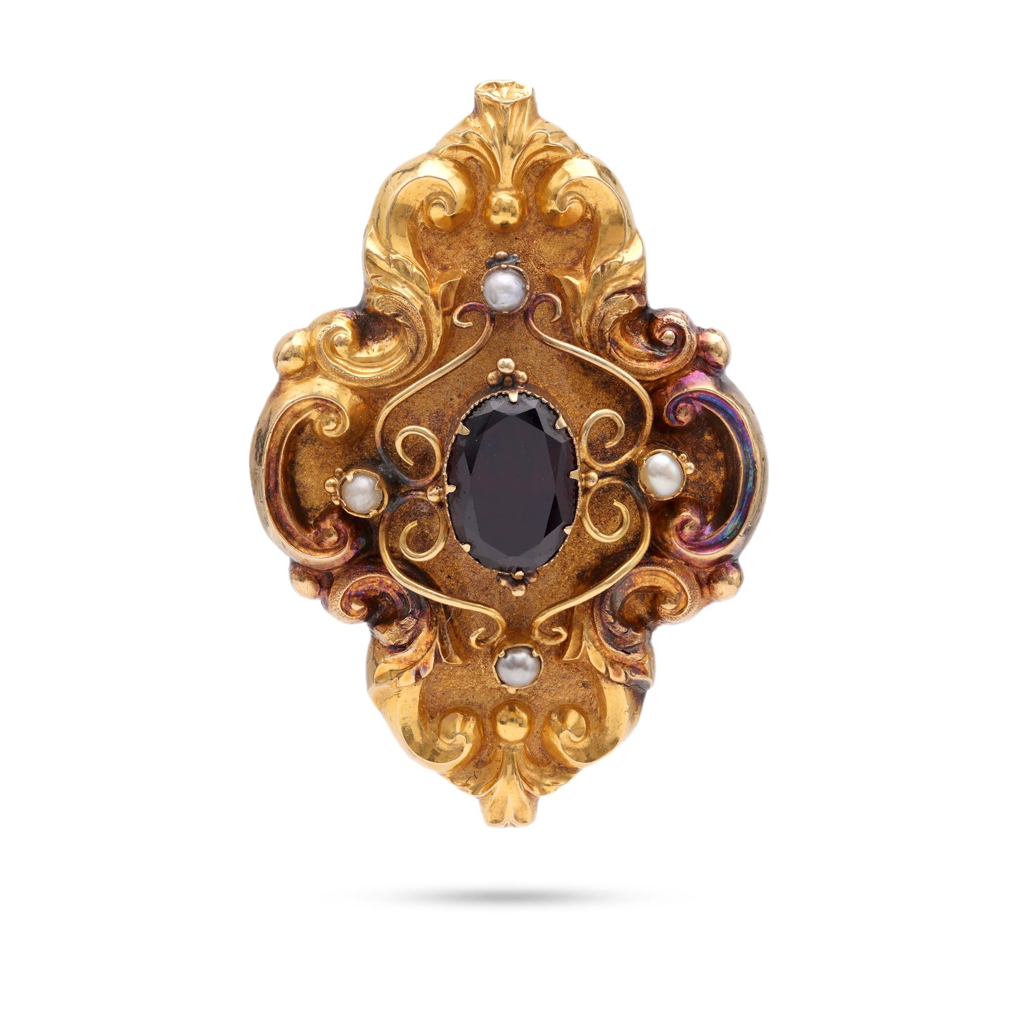 Victorian Red Garnet Pearl Gold Mourning Jewelry Brooch