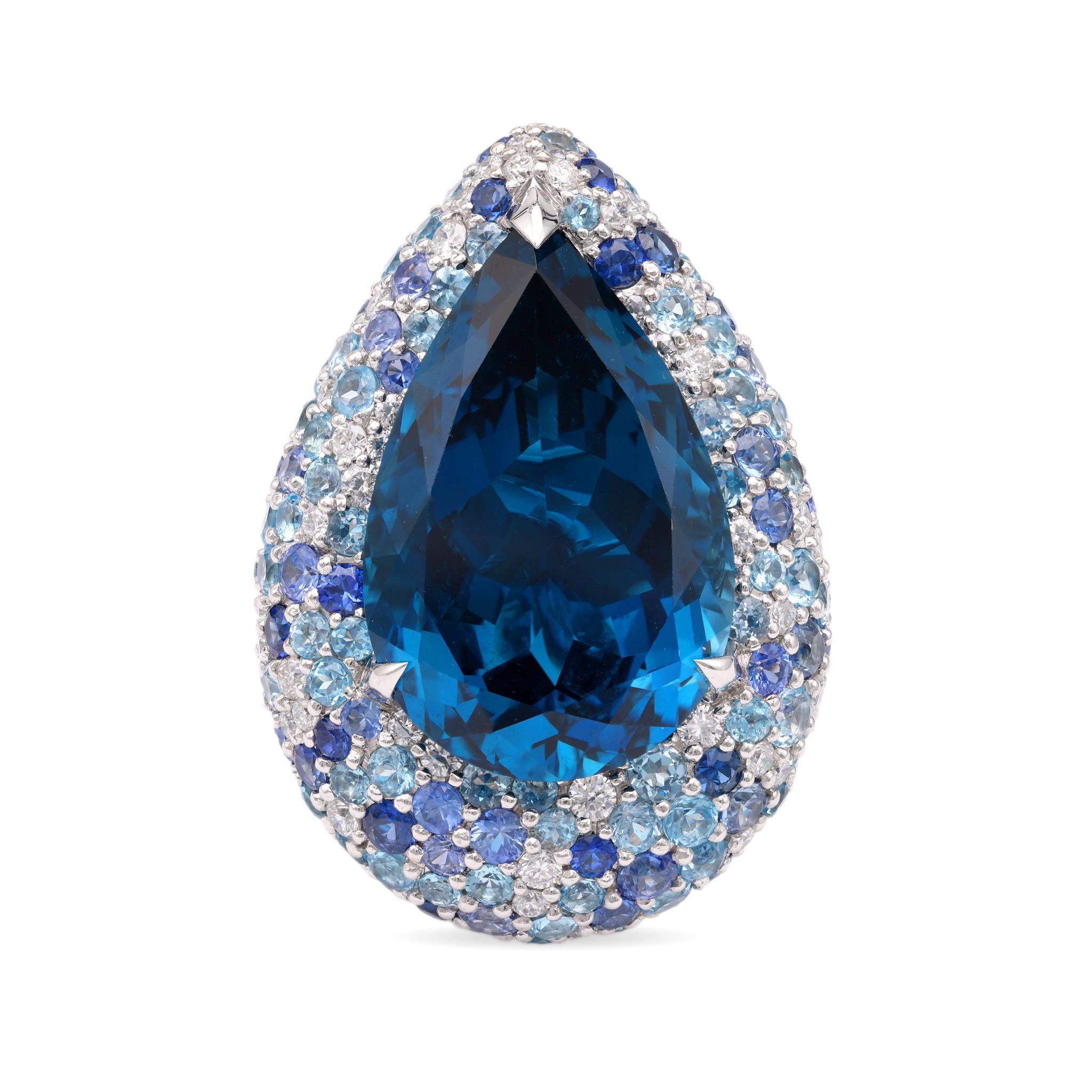 Modern 20 Carat Blue Topaz Diamond Sapphire White Gold Cocktail Ring