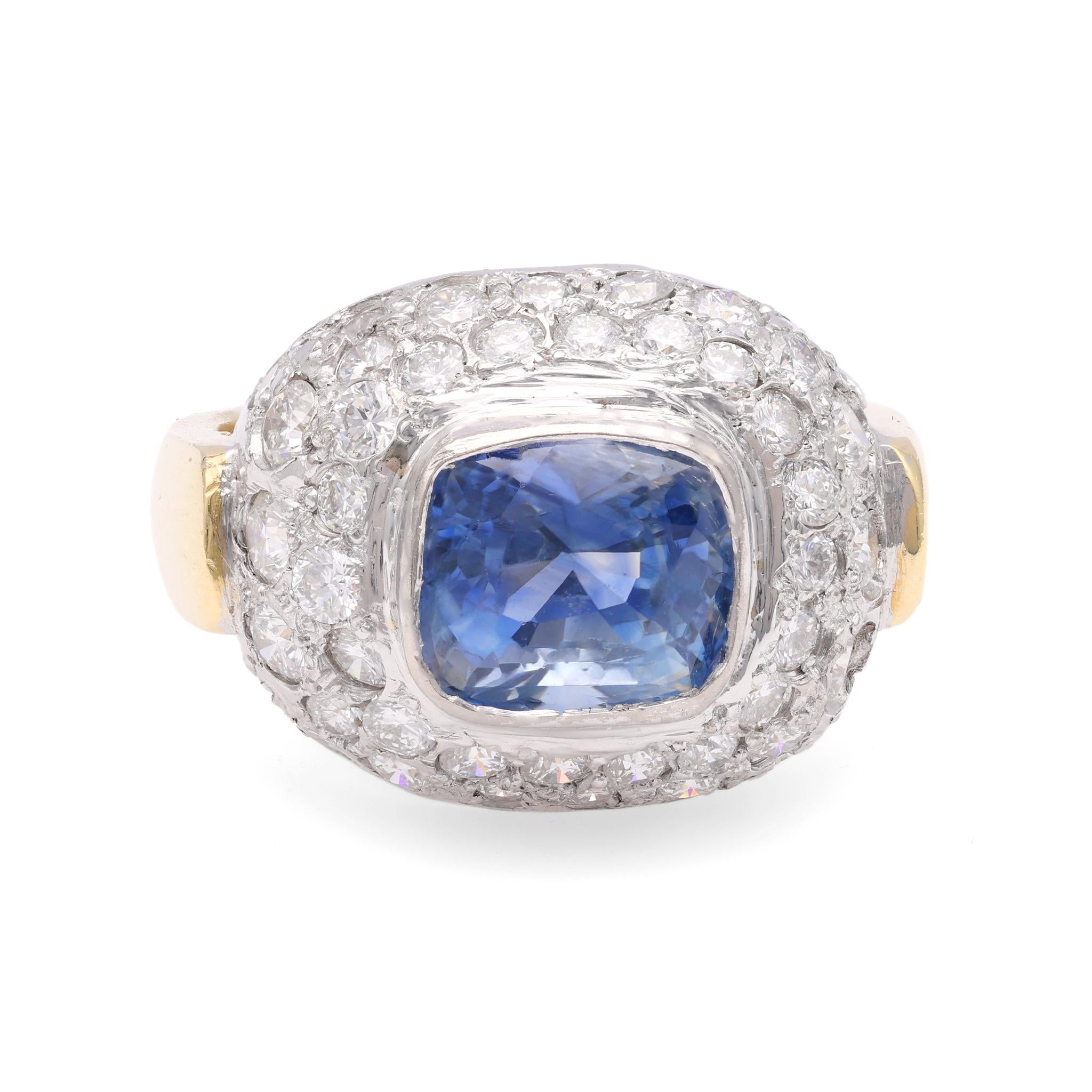 Vintage 4 Carat Sapphire Diamond Two Tone Gold Ring