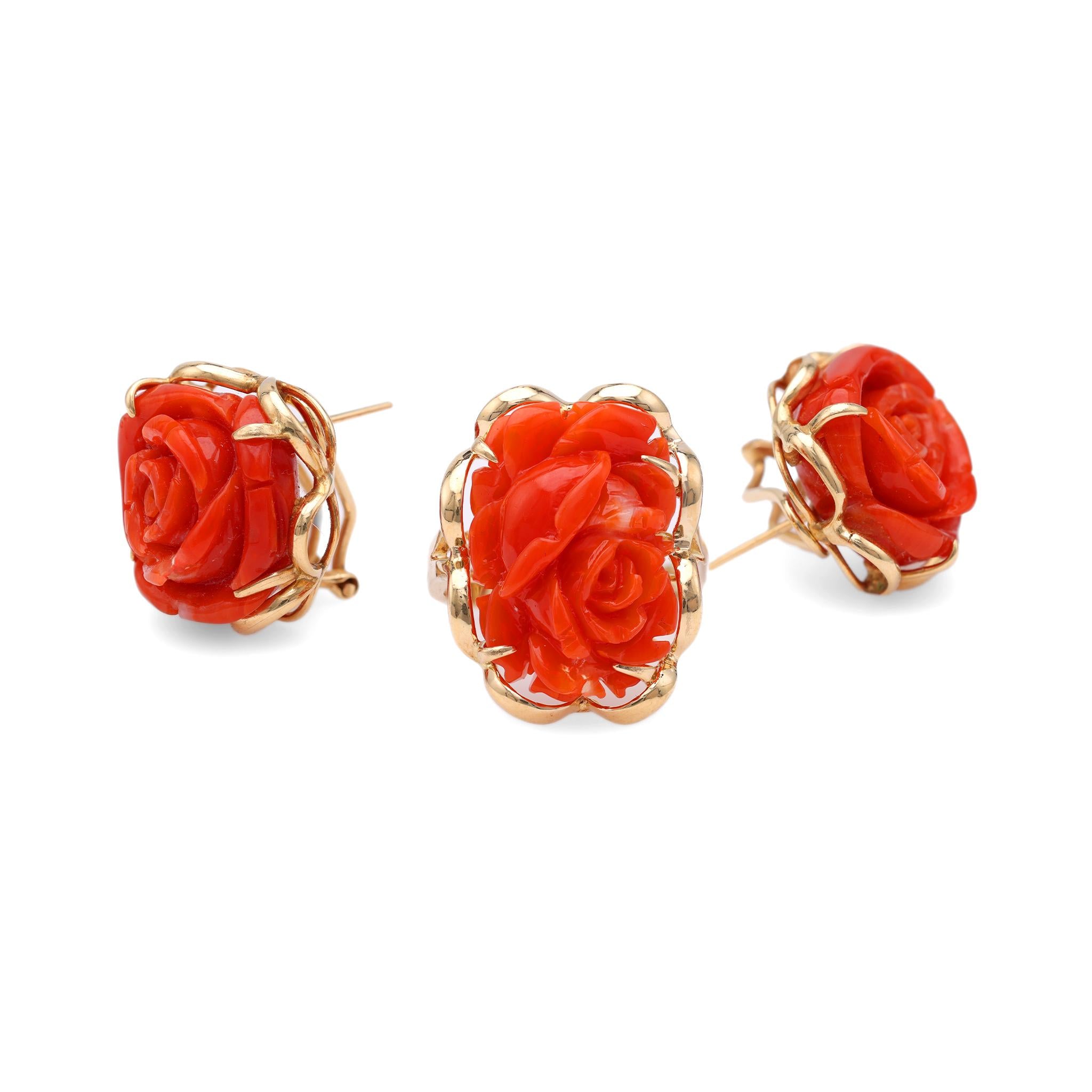 Carved Coral Yellow Gold Earrings & Ring Set