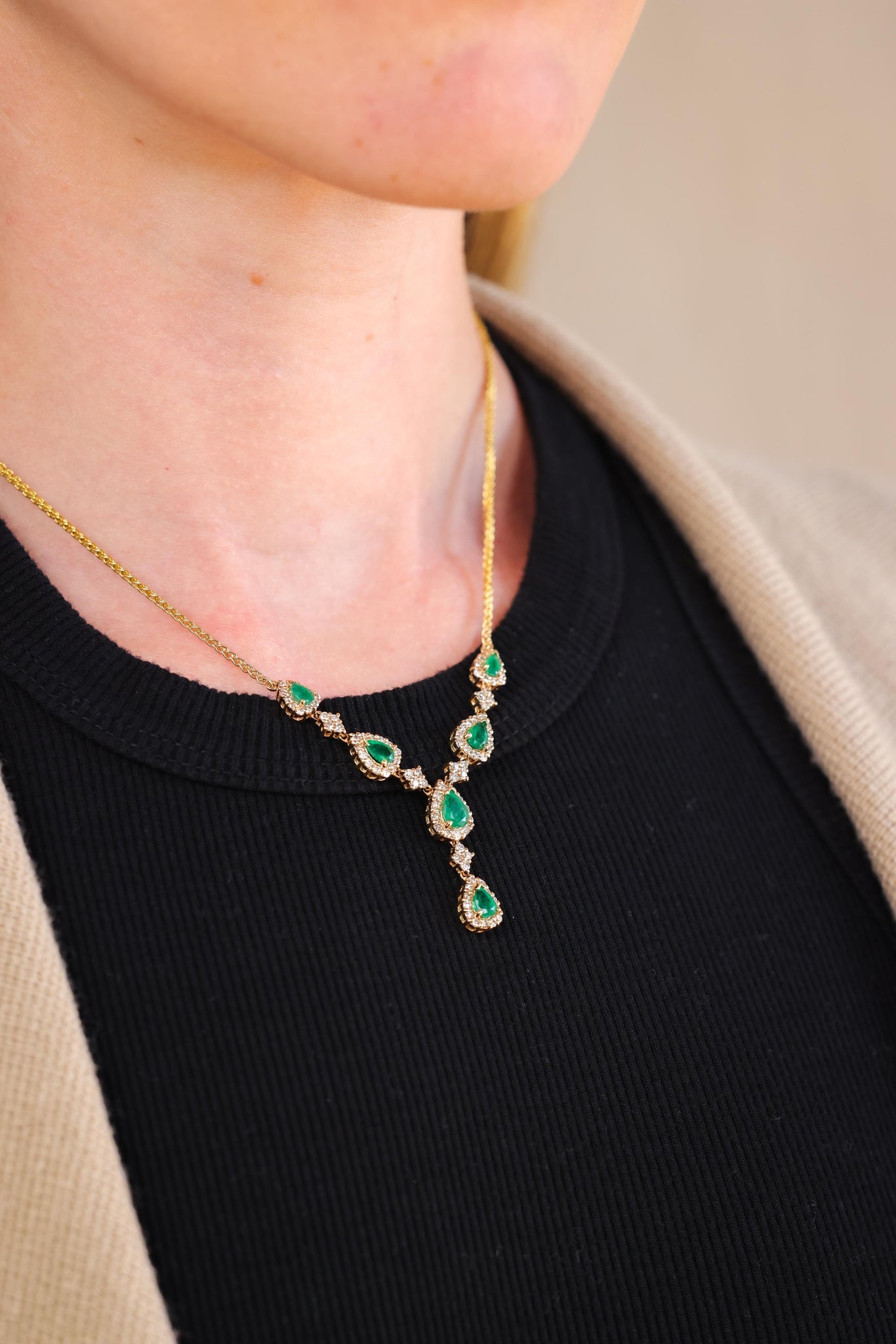 Emerald Diamond Yellow Gold Lariat Necklace