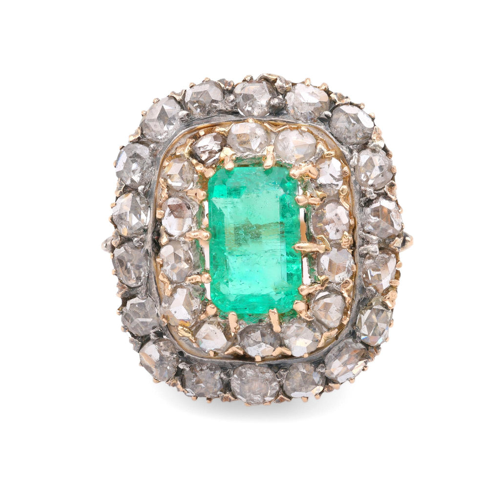 Late Victorian GIA Colombian Emerald Diamond Yellow Gold Cocktail Ring Rings Jack Weir & Sons   