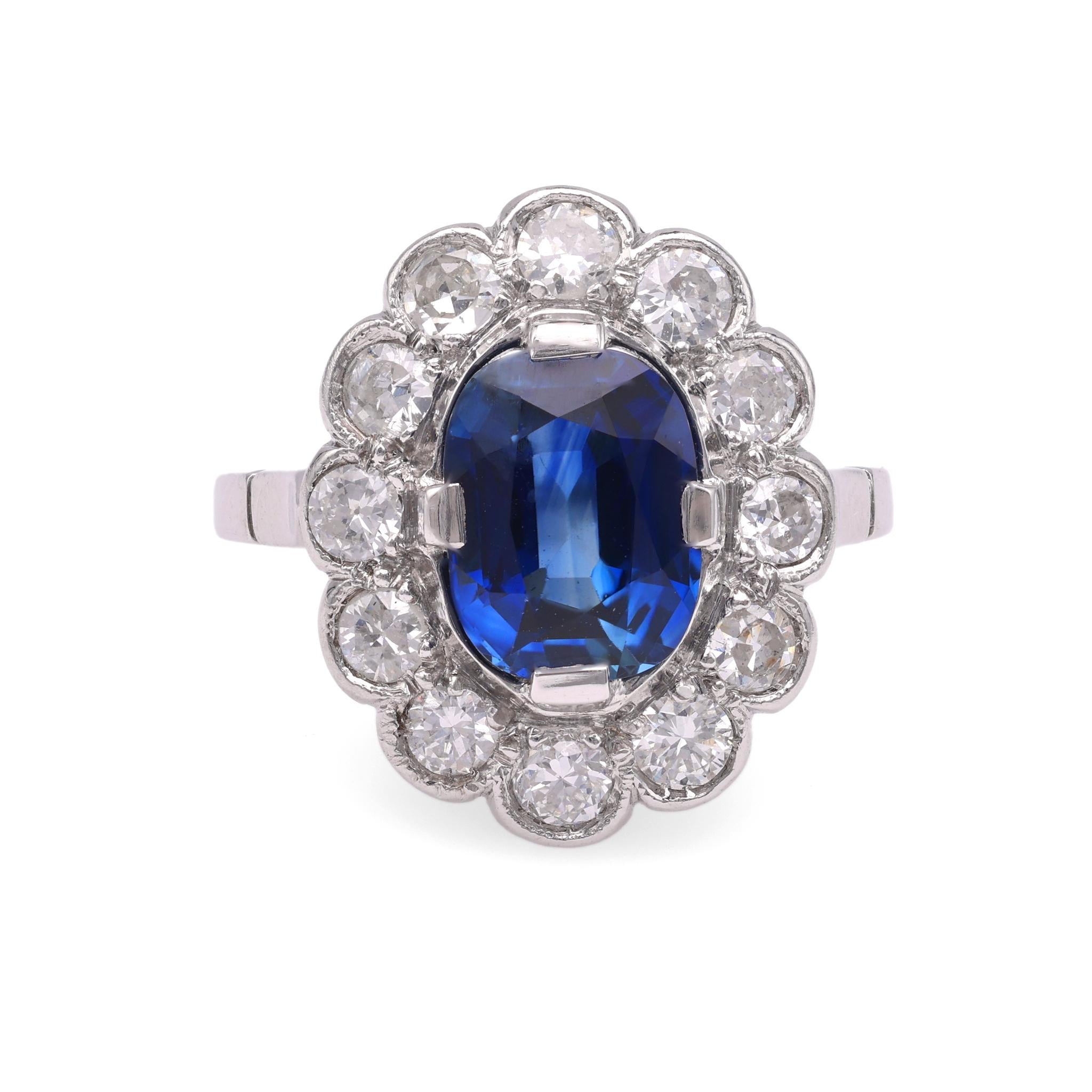 French Art Deco Sapphire Diamond Platinum Cluster Ring