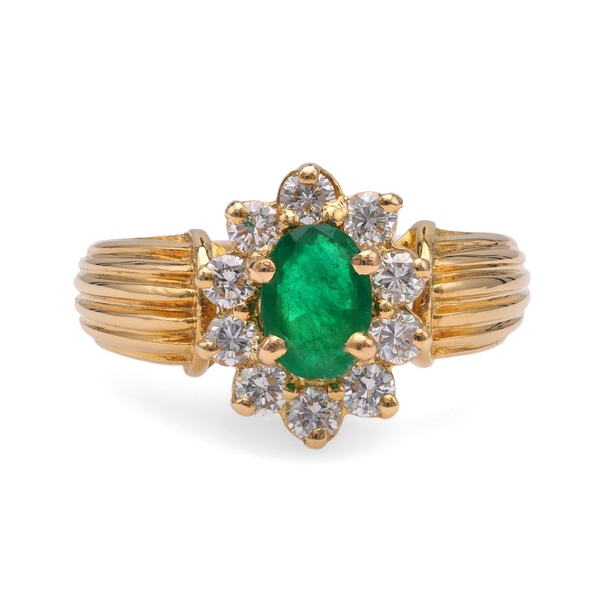 Emerald Diamond Yellow Gold Cluster Ring