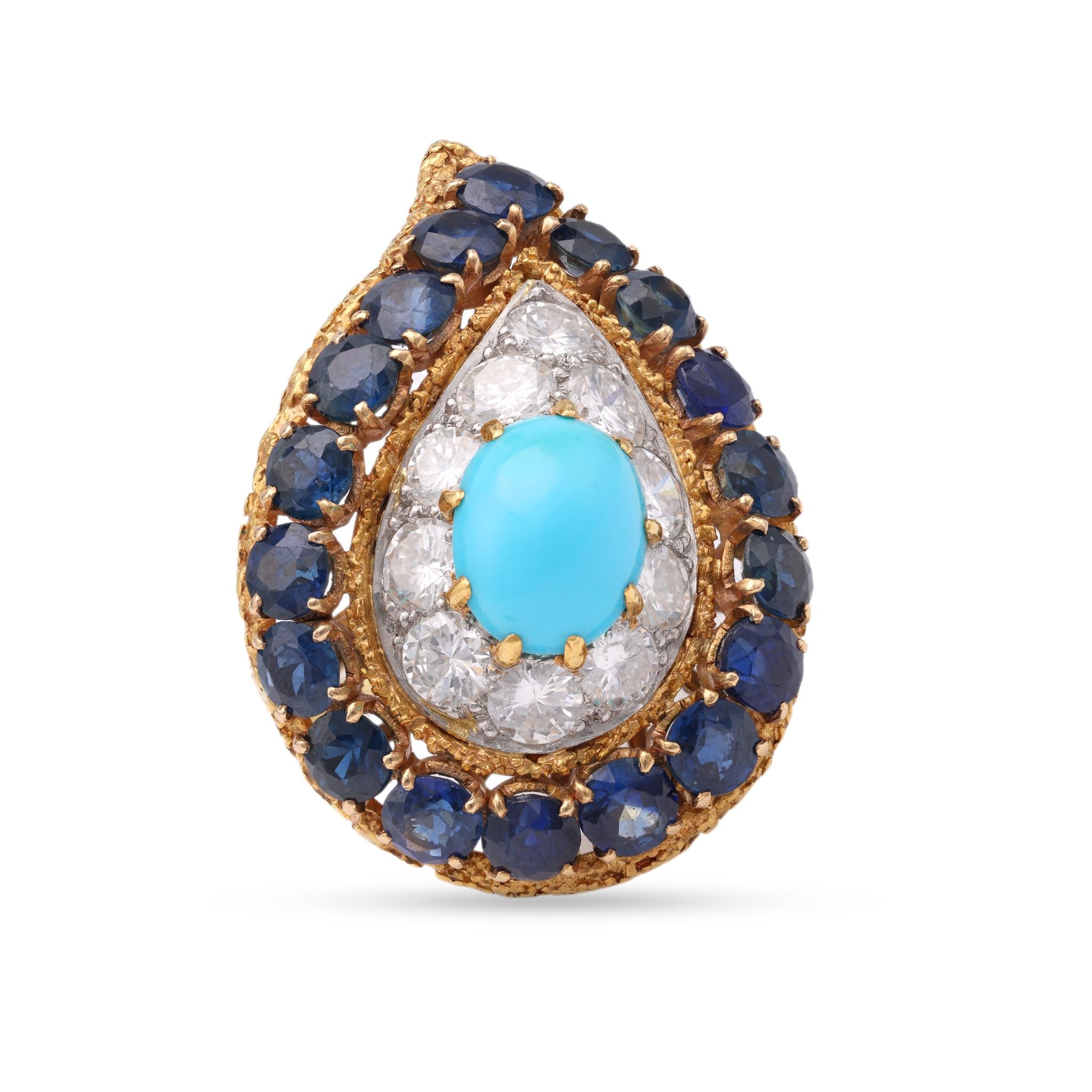 Mid-Century Turquoise Sapphire Diamond Gold Ring