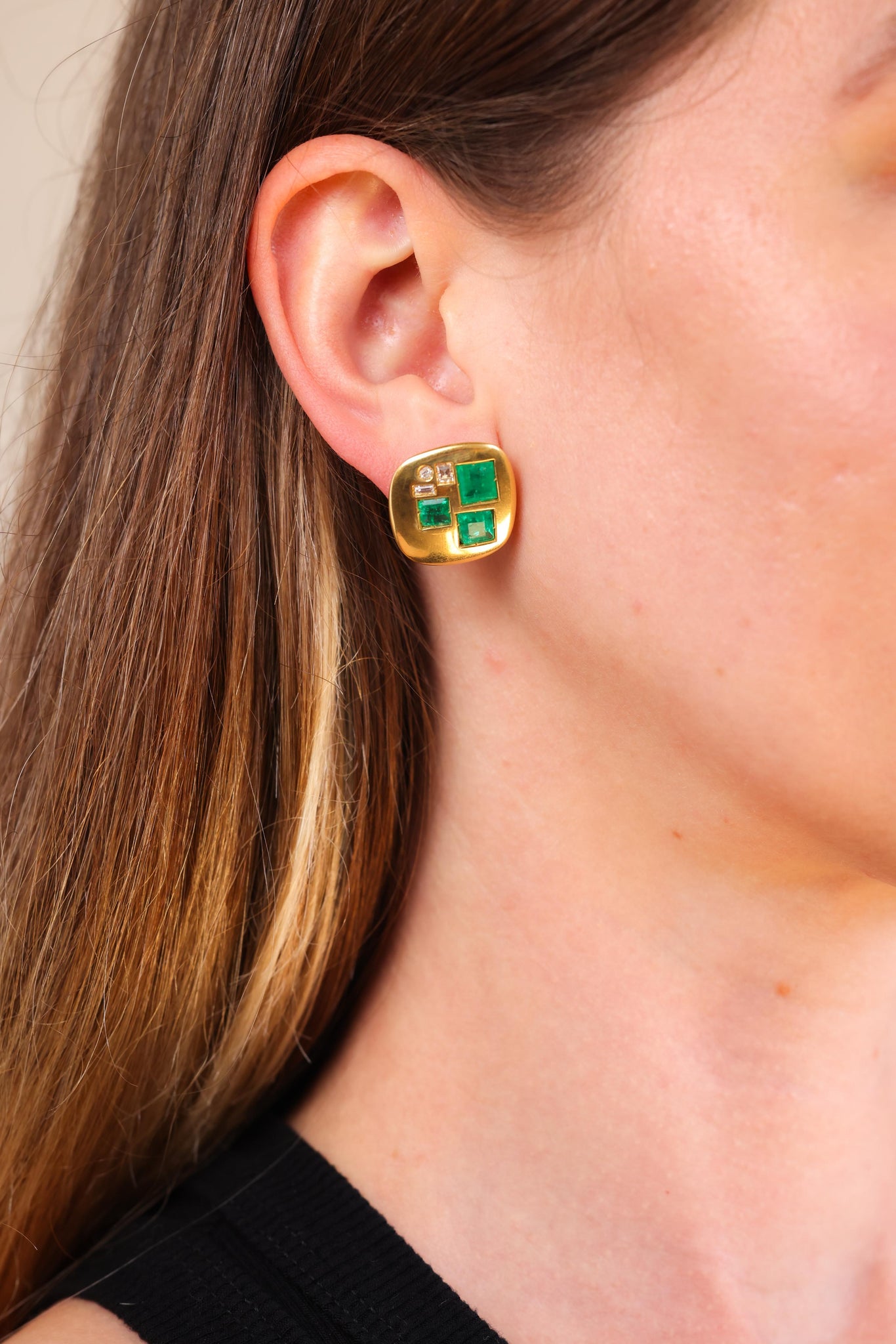 Emerald Diamond Yellow Gold Earrings