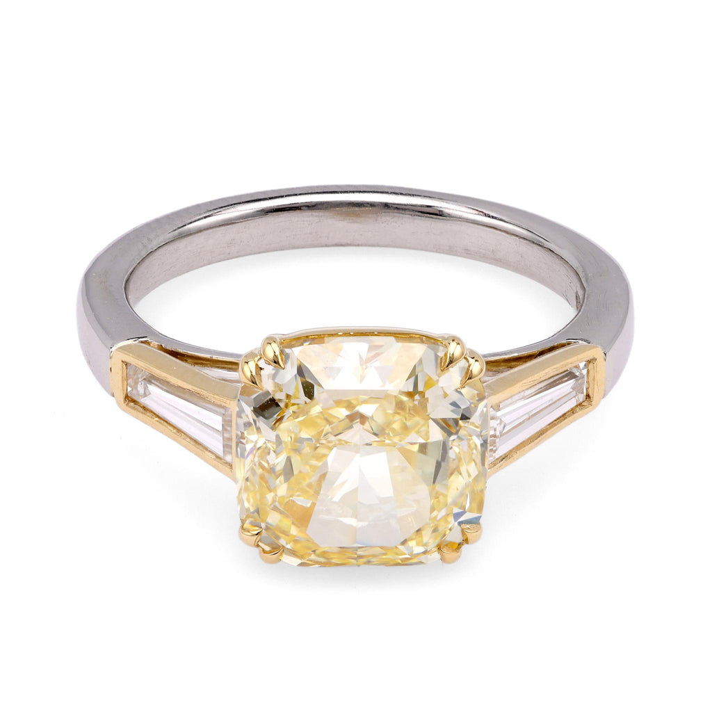 Modern GIA 3.01 Carat Fancy Yellow Cushion Cut 18K Yellow Gold and Platinum Ring  Jack Weir & Sons   